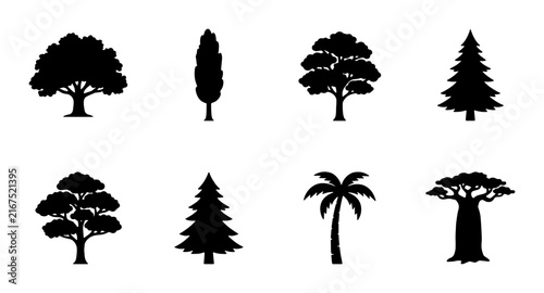 Diverse Tree Silhouettes Collection, Various Species Vector Icons, Nature Elements for Design Projects, Botanical Graphics
