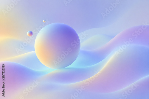 Dreamy pastel abstract background with flowing waves and gradient spheres