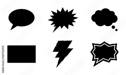 Set of 6 Black Speech Bubbles and Comic Style Shapes, Vector Icons for Communication and Ideas, Graphic Elements for Design