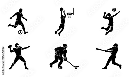Six Sport Icons: Soccer, Basketball, Volleyball, Football, Hockey, Baseball Silhouettes for Active Lifestyle Graphics
