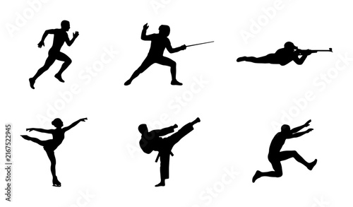 Diverse Sports Silhouettes: Running, Fencing, Shooting, Ballet, Karate, Jumping, Action Figures, Athletic Poses, Vector Icons for Fitness and Competition