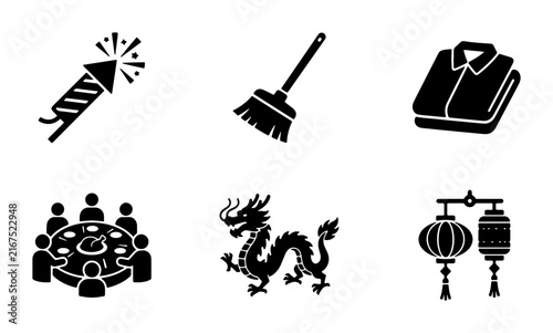 Chinese New Year Icons Set: Dragon, Lanterns, Firecracker, Family Gathering, Folded Shirt, Broomstick Vector Graphics for Festive Celebrations and Cultural Themes