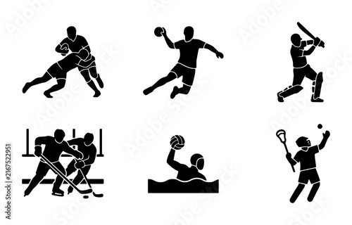 Diverse Sports Icons Set: Action Silhouettes for Rugby, Handball, Cricket, Hockey, Water Polo, Lacrosse, Vector Graphics for Active Lifestyle and Competition