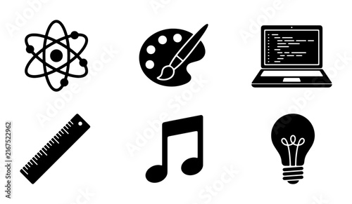 Science, Art, Technology, Music, Education Icons Set: Atom, Palette, Laptop, Ruler, Note, Lightbulb - Vector Graphics for Learning and Creativity