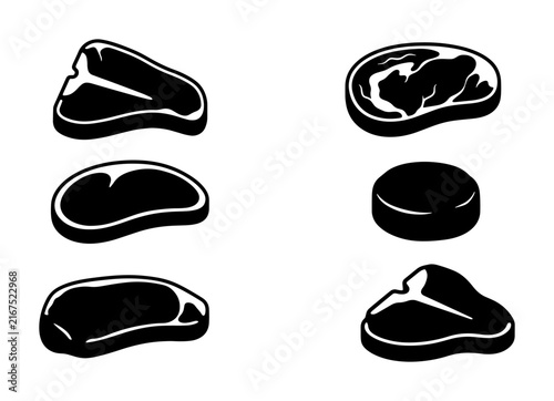 Six Black and White Vector Icons of Beef Cuts, Butcher Shop Meat Selection, Steak and Raw Food Graphics for Culinary and Restaurant Design