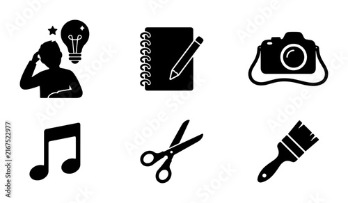 Creative Icons Set: Idea, Writing, Photography, Music, Crafting, Art Tools, Vector Graphics for Design Projects