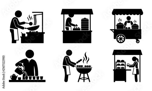 Street Food Vendor Icons, 6 Black Silhouette Pictograms for Food Stalls, Cooking, Grilling, and Serving Hot Beverages, Vector Graphics for Culinary Concepts