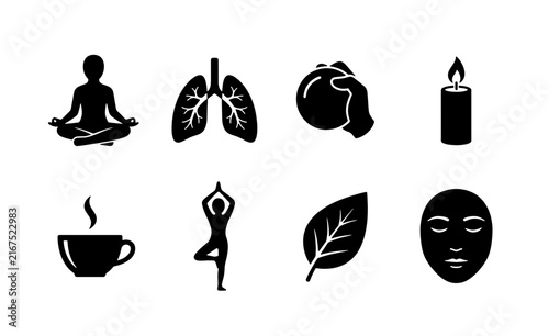 Wellness and Health Icons: Yoga, Lungs, Meditation, Candle, Tea, Leaf, Face Mask, Spa Elements Vector Set