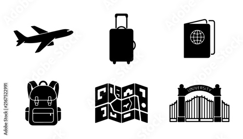 Travel Icons Set: Airplane, Suitcase, Passport, Backpack, Map, University Entrance Gates - Vector Graphics for Tourism and Education