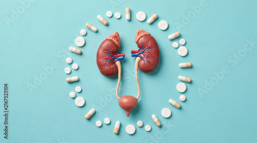 Anatomical kidney and bladder model encircled by pills on a blue background, representing renal health and treatment