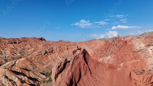 Aerial View of Skazka Canyon, Red Martian Landscape, Kyrgyzstan