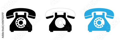 Bild auf Leinwand Set of three vintage rotary telephone icons in black and blue colors isolated on