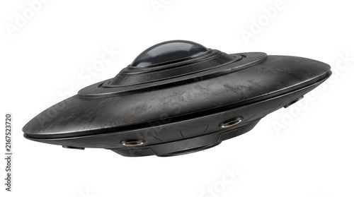 Fotografie Weathered metallic black ufo saucer with detailed dome and textured plating for realistic space visuals