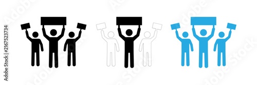 Set of three stylized icons showing groups of people holding blank protest signs for demonstration and activism concepts