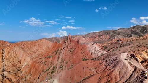 Aerial View of Skazka Canyon, Red Martian Landscape, Kyrgyzstan