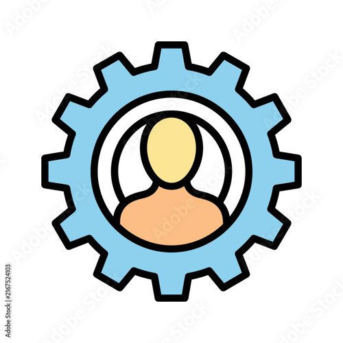 Flat vector user settings gear icon, profile avatar in blue cogwheel with bold outline, account management symbol for UI app and web