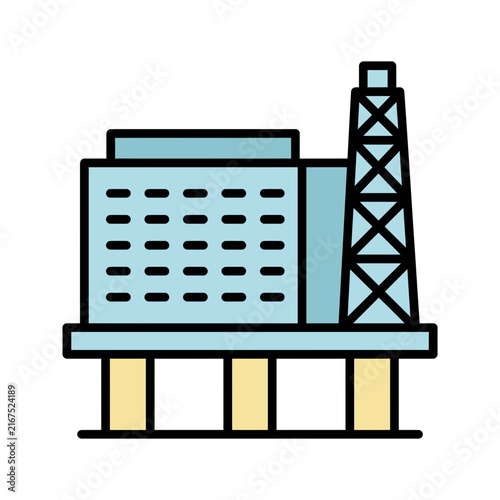 Flat industrial building vector icon, oil refinery factory illustration in blue and beige, outline construction symbol for energy industry apps