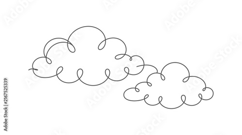 Minimalist continuous line drawing of fluffy clouds isolated on white background
