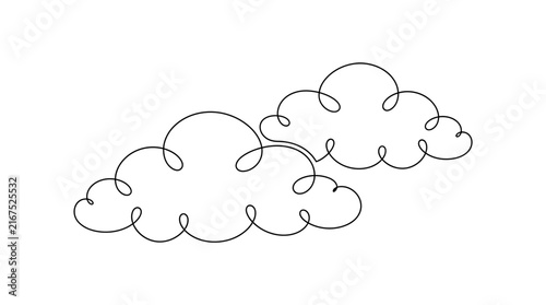 Simple continuous line art drawing of two stylized clouds on a clean white background.