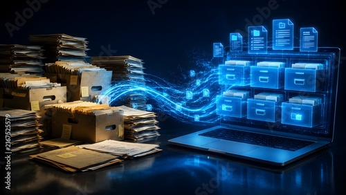 Physical document boxes transforming into glowing digital files transferring into a futuristic virtual filing cabinet on a laptop screen representing cloud archiving