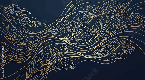 Elegant art nouveau floral background with flowing golden vines and delicate botanical elements on a dark blue backdrop, intricate decorative vintage illustration style
