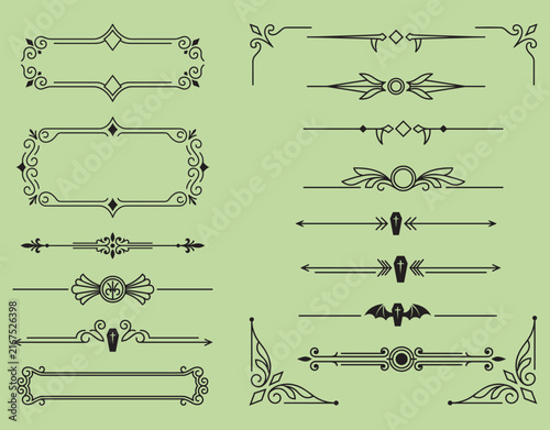 Gothic Halloween text dividers with coffins, bat wings, and vintage frame borders vector set