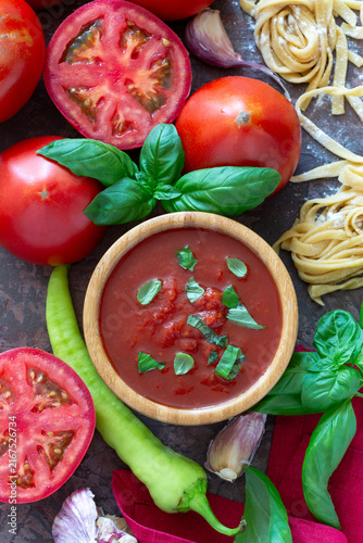 Homemade tomato sauce with basil.