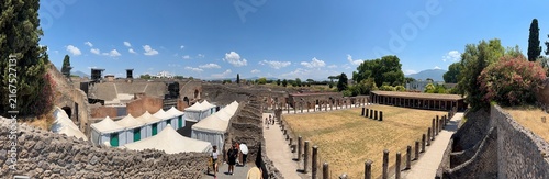 Ancient Roman Forum and Ruins of Pompeii, Italy, with Mount Vesuvius in the Distance