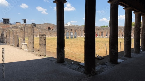 Ancient Roman Forum and Ruins of Pompeii, Italy, with Mount Vesuvius in the Distance