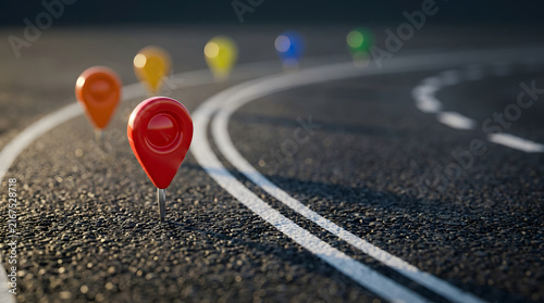 Colorful map pins standing on a winding asphalt road receding into distance