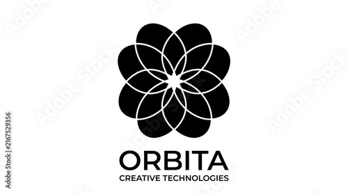 A black and white minimalist floral logo design with composed overlapping circular circular shapes centered text white background symmetrical