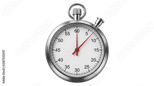 Konstfotografi Metallic analog stopwatch with white dial and red hands for measuring duration in sports activities
