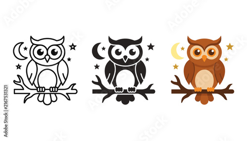 Three cute owl icons with minimalist design in black and white