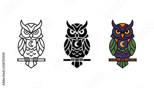 Three stylized owl illustrations in a minimalist line art style