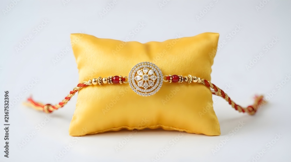 Naklejka premium Elegant diamondstudded rakhi bracelet displayed on a yellow satin cushion, isolated on white background