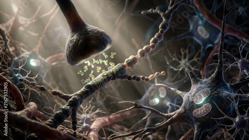 Artificial sweetener molecules binding cerebral cortex receptors with dendrite damage and aging mitochondria, showing brain degeneration and cellular stress