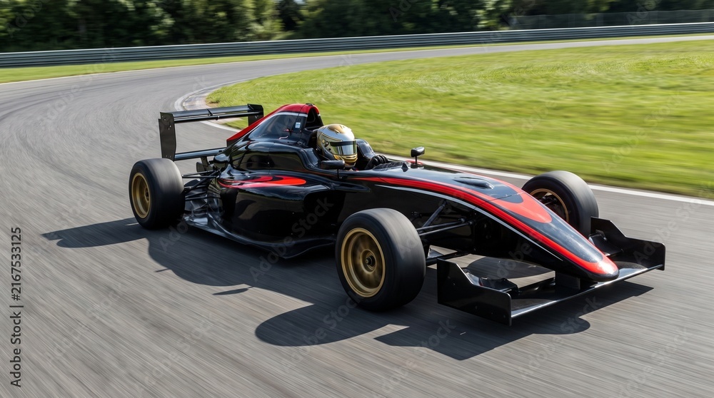 Fototapeta premium High speed Formula racing car speeding on a paved racetrack curve during a sunny day