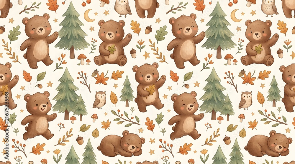 Fototapeta premium Seamless Pattern of Cute Watercolor Woodland Bears and Forest Elements.