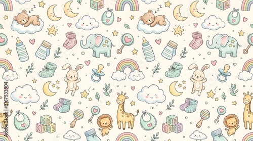 Cute Baby Shower Seamless Pattern with Animals and Nursery Items.