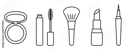 Bild auf Leinwand Set of black and white line art makeup cosmetics icons including compact powder,