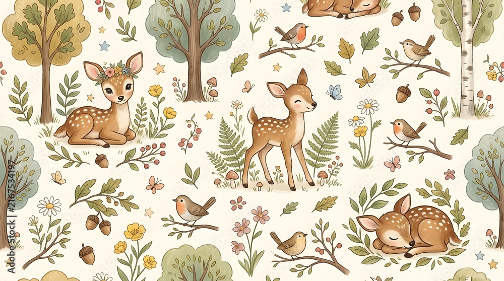 Obraz premium Watercolor Seamless Pattern with Cute Baby Deer and Forest Animals.