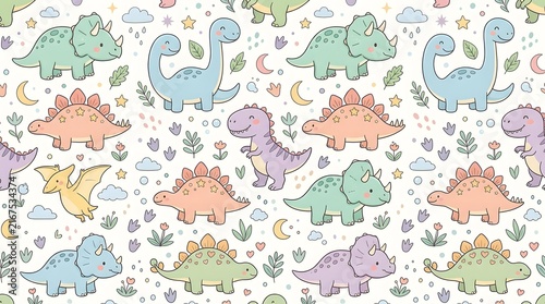 Cute Seamless Pattern with Hand Drawn Colorful Dinosaurs for Kids.