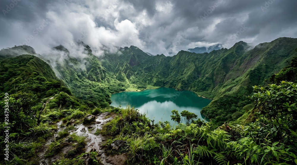 Naklejka premium Lush green volcanic crater lake after heavy rain, misty clouds shrouding dramatic mountain peaks and wet tropical vegetation in moody landscape photography