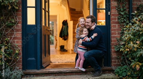 Loving father embracing two smiling young daughters at a warmly lit front door doorway of a brick family home at twilight