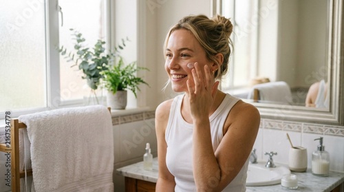Smiling young woman gently applying cream to her cheek with her fingertips in a bright bathroom with fresh towel and plants near window