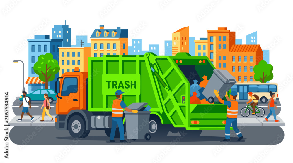 Fototapeta premium Vector illustration of a bright green garbage truck with sanitation workers loading trash bins on a busy city street. Waste management and recycling service in a modern urban environment.
