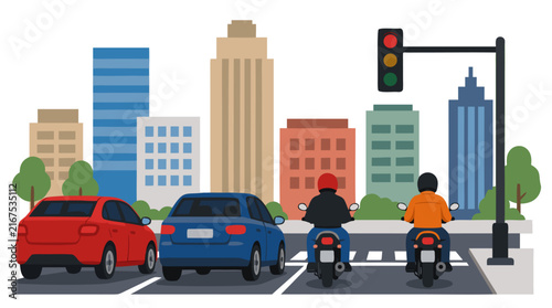 Flat vector illustration of red and blue cars and motorcycles with riders stopped at a red traffic light on a busy city street with a colorful urban skyline and skyscrapers in the background.