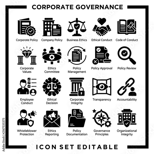 Corporate Governance Icons Set Editorial Illustration.