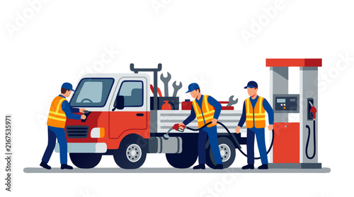 Flat Vector Illustration of Three Uniformed Service Workers in High-Visibility Safety Vests Refueling a Red and White Utility Truck at a Gas Station Pump with Tools on a White Background.