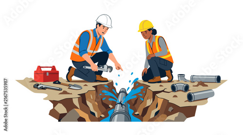 Male and female utility workers in safety vests and hard hats inspecting a leaking underground water pipe in a trench with tools, wrench, and shovel, vector illustration on white background.
